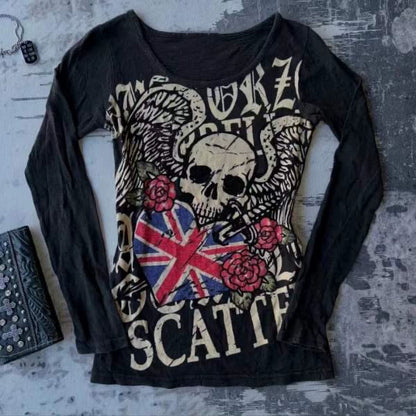 Black Gothic Rock Punk Shibuya Girl Love Skull Y2K T-Shirt