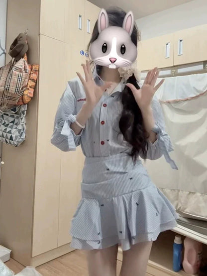 Blue-White Stripe Collared Mid-Sleeve Shirt Waist-Cinched Ruffled Summer Mini Dress