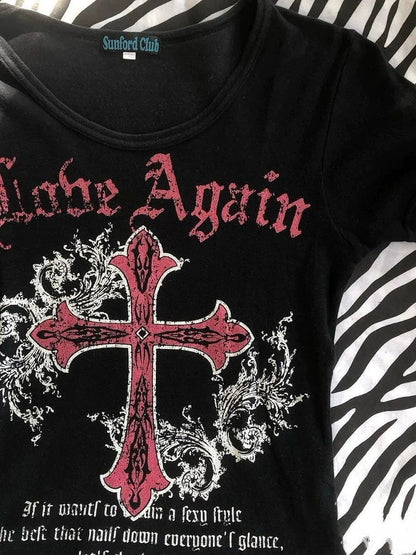 Black Gothic Punk Y2K E-girl American Retro Cross Print Short Sleeve Top