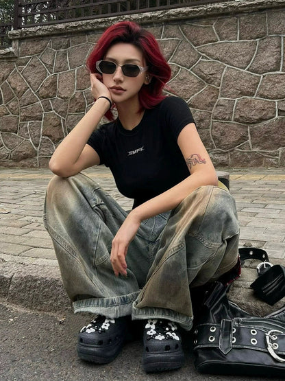 American Black Fitted Short Sleeve Tee Summer Stretch Cotton 40s Tight Crop Top