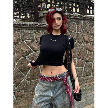 American Black Fitted Short Sleeve Tee Summer Stretch Cotton 40s Tight Crop Top