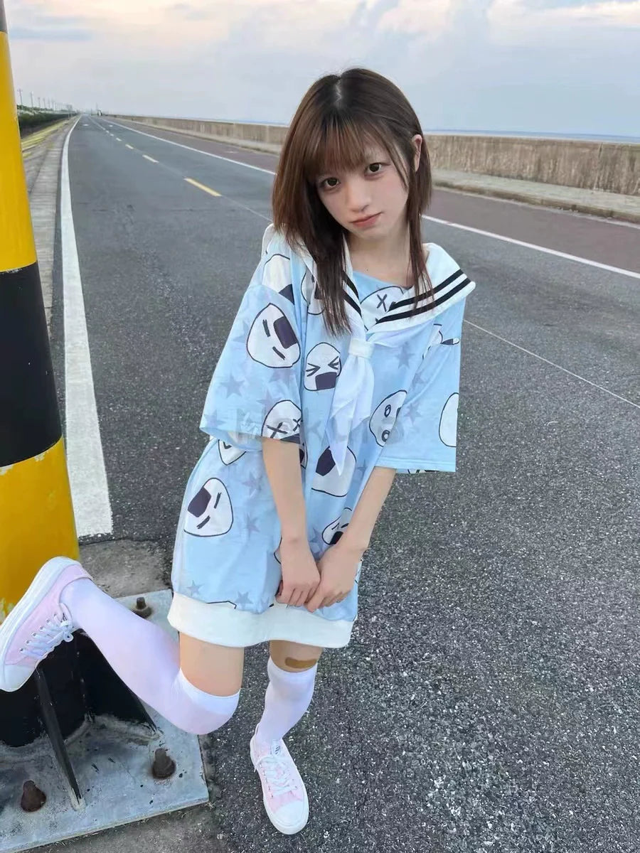 Blue (With Tie) Subculture Y2K E-girl Japanese Kawaii Navy Collar Rice Ball & Star Print Oversized Short Sleeve Top