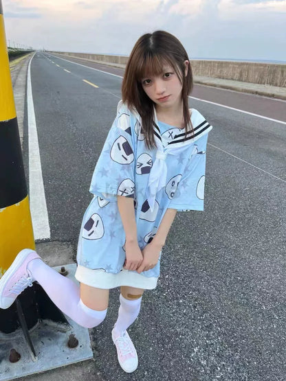 Blue (With Tie) Subculture Y2K E-girl Japanese Kawaii Navy Collar Rice Ball & Star Print Oversized Short Sleeve Top