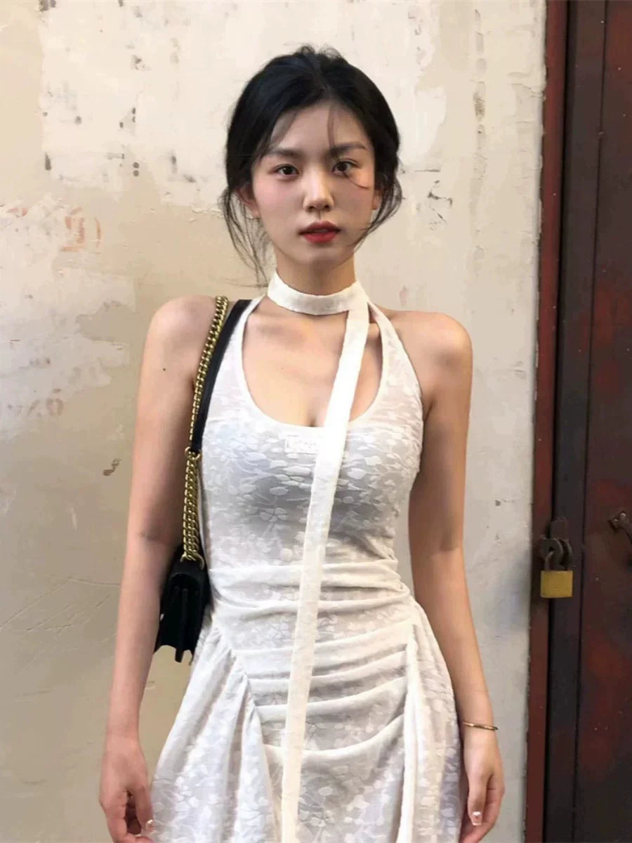 White Sheer Jacquard Halter Floral Layered Maxidress