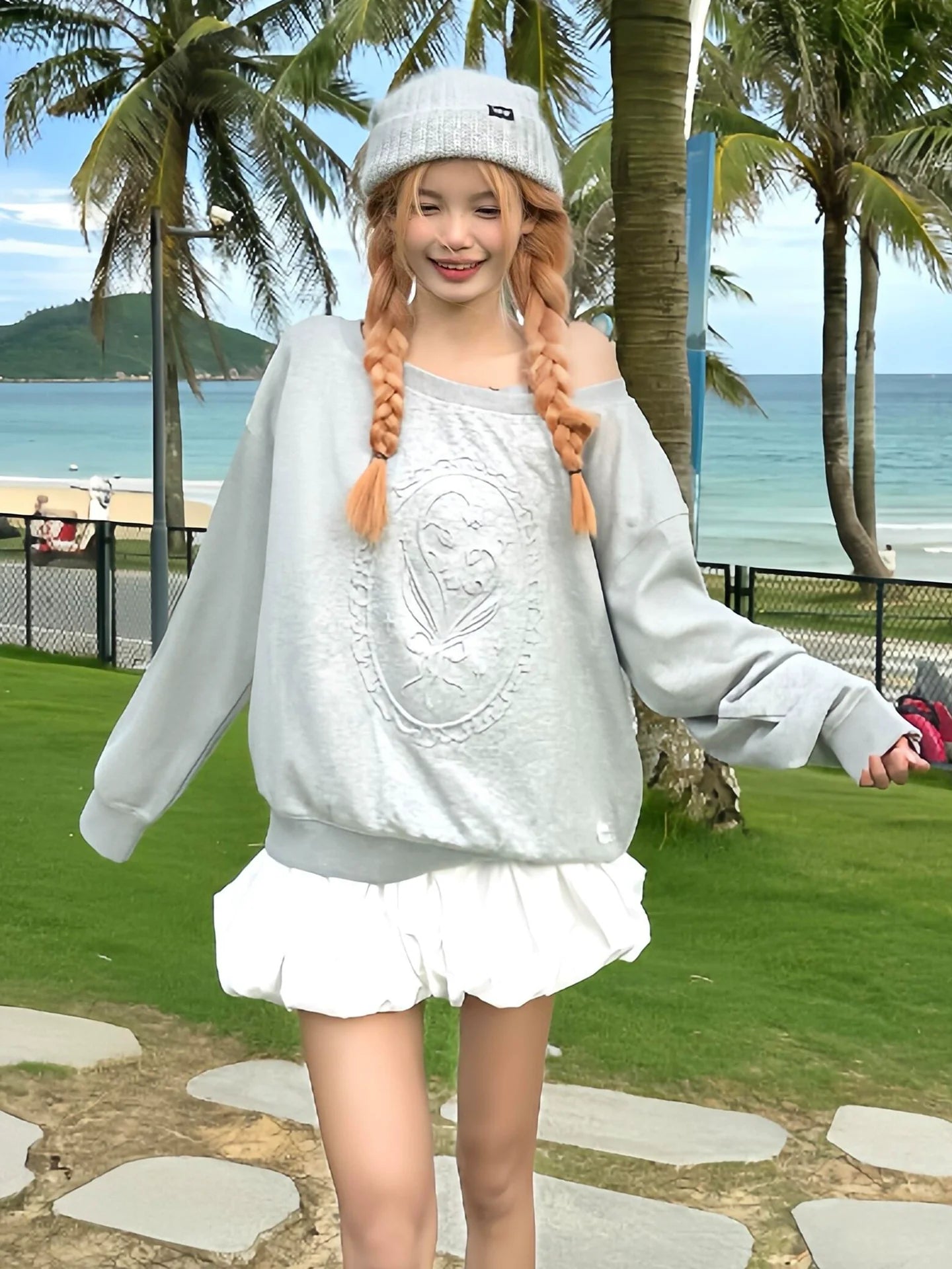 Retro Gray One Shoulder Embossed Bouquet Sweatshirt