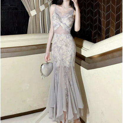 Purple Lace Floral Spaghetti Gown Prom Dress