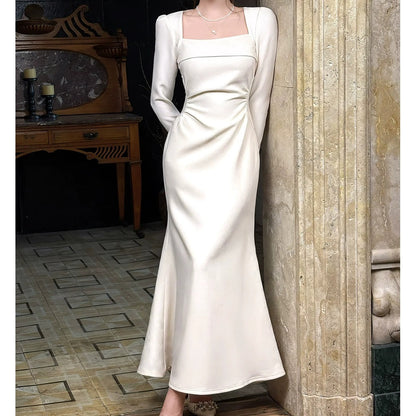 French Long Sleeve Square Neck Gown Dress – Engagement and Party Dress