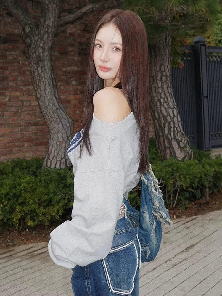 Gray [Blue Letter] Print Off-Shoulder Hoodie Subculture Y2K E-girl Light Subculture American Retro Abi Long-Sleeve Top