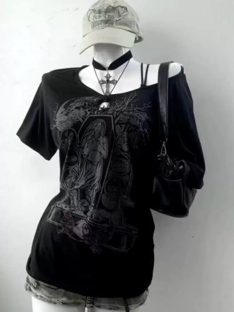 Black Punk Y2K E-girl American Retro Off-Shoulder Paneled Short Sleeve Top