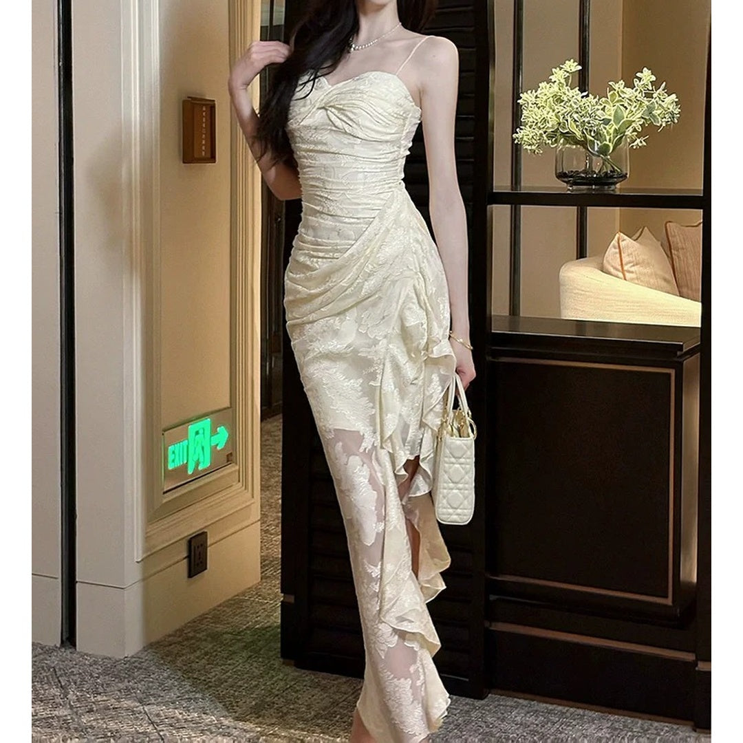 French Vintage Lace Bustier Ruffle Gown Dress