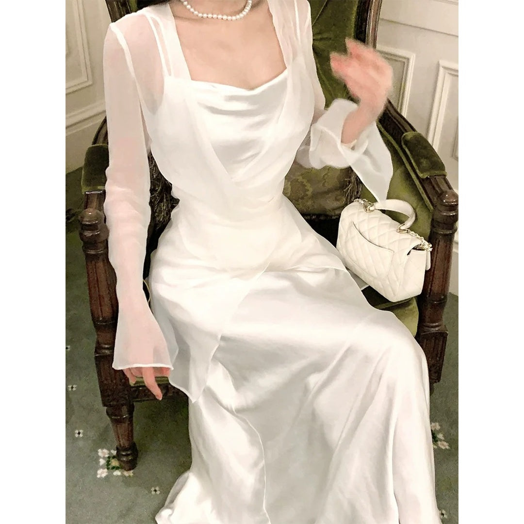 Silk Cardigan Satin Spaghetti Strap Gown Dress Set