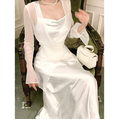 Silk Cardigan Satin Spaghetti Strap Gown Dress Set