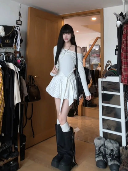 White Polka Dot Off-The-Shoulder Long-Sleeve Waist-Cinched Petite-Friendly Mini Dress