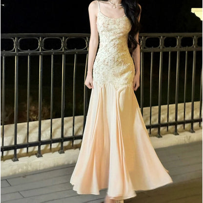 Embroidered Pink Spaghetti Strap Mermaid Gown Dress