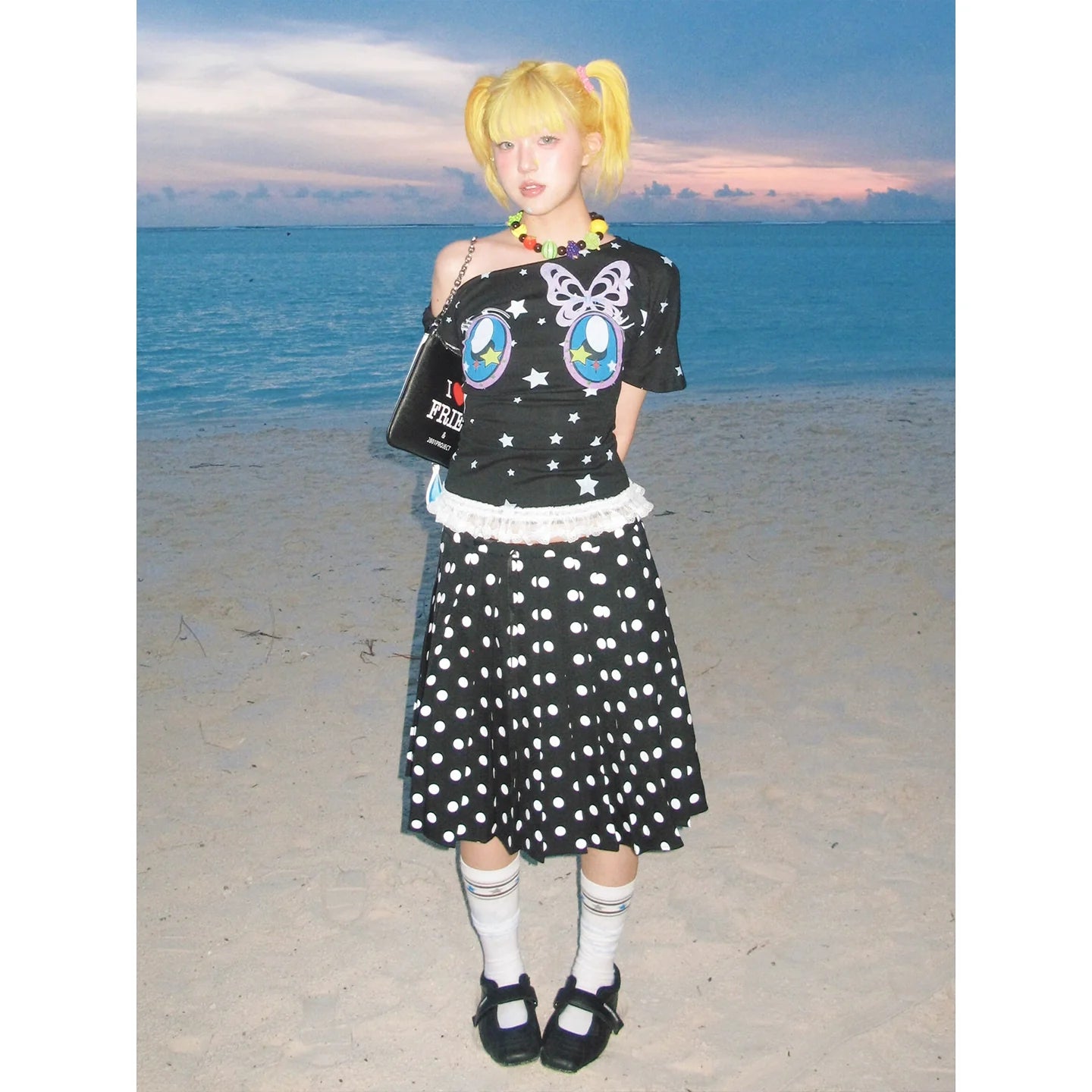 Y2K Comic Eye Print Off-Shoulder Tee Slim Fit Retro Alt Girl Top