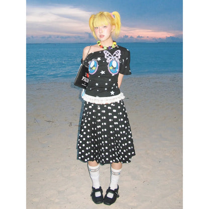 Y2K Comic Eye Print Off-Shoulder Tee Slim Fit Retro Alt Girl Top