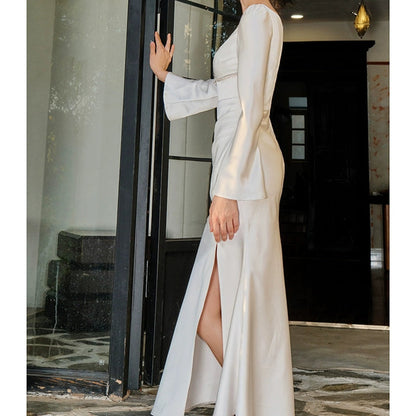 French Satin Embellished Mermaid Gown Dress