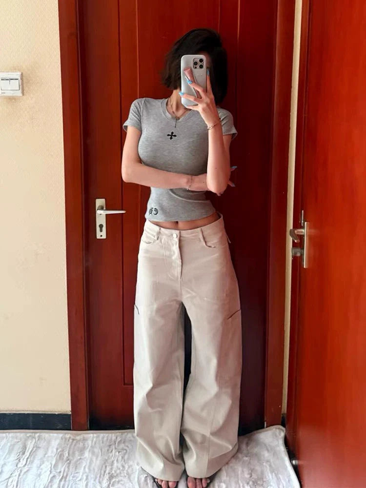 Gray Subculture Y2K E-girl Abi American Retro Cross Print Light Subculture Short Sleeve Top