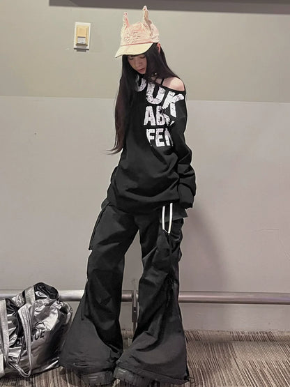 American Vintage Off-Shoulder Long Sleeve Tee  Distressed Letter Print Loose Hot Girl Top