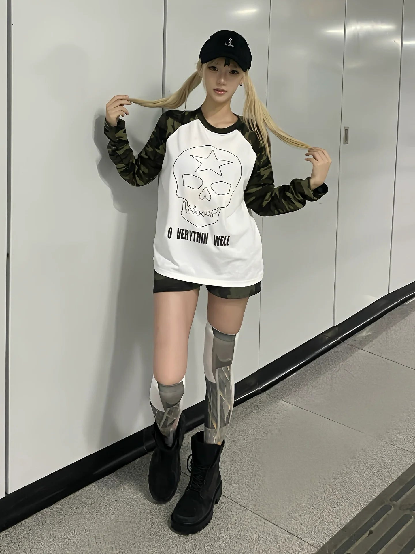 Y2K Camo Skull Long Sleeve Top