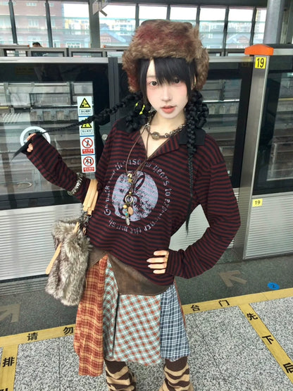 Subculture Black-Red Stripe Long Sleeve Tee Musical Print Polo Top