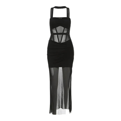 Sweet & Spicy Boss Lady Black Mesh-Paneled Halter High-Slit Dress