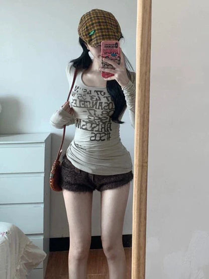 Light Khaki Graphic Print Square Neck Y2K T-Shirt