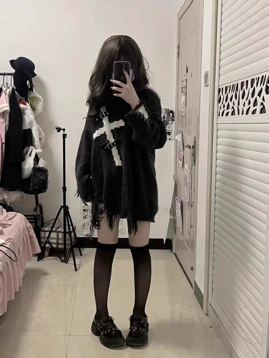 Y2K Punk Cross Distressed Mid-Length Sweater