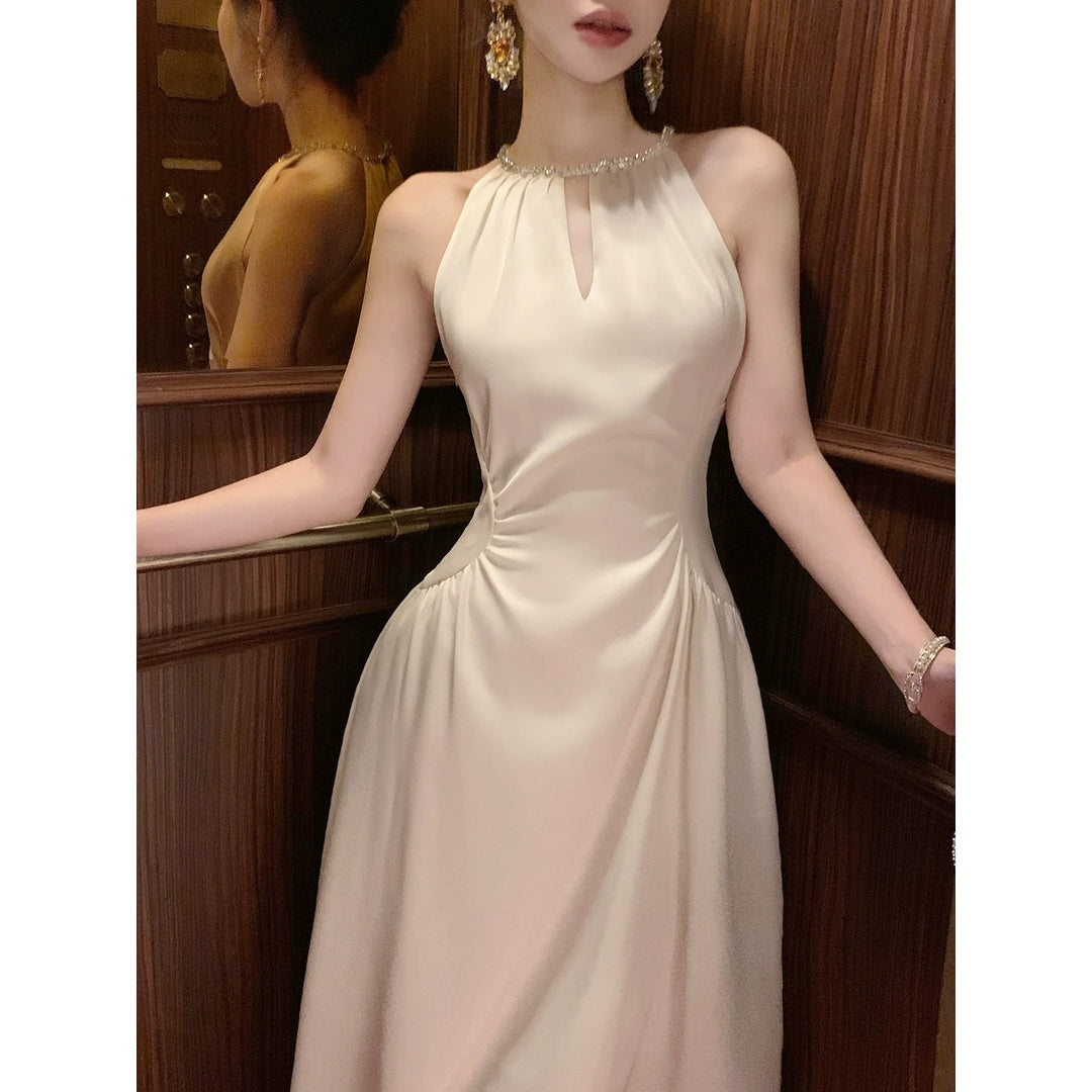 Satin Halter Neck Gown with Rhinestone Prom Dress