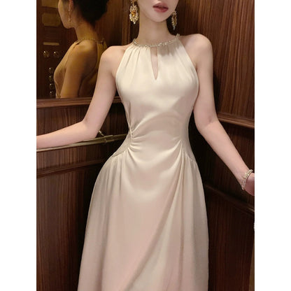 Satin Halter Neck Gown with Rhinestone Prom Dress