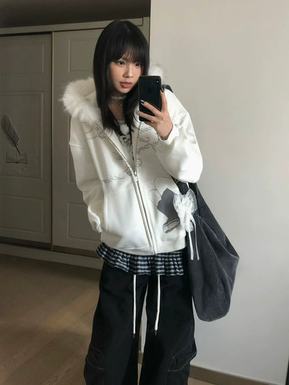 Y2K Faux Fur Collar Hoodie