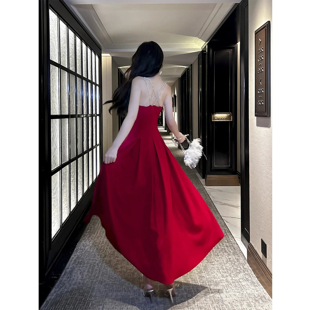 French Red Backless Holiday Spaghetti Strap Gown Dress