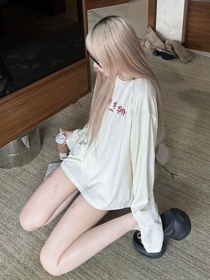 American Vintage White Long Sleeve Tee Autumn Cozy Loose Base Layer Top