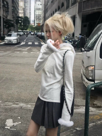 White Plush [German Velvet Warm] Subculture Y2K E-girl Abi American Retro Light Subculture Hooded Sweatshirt