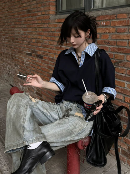 Navy Fake Two Piece Polo Top