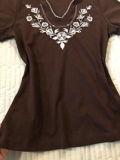 Brown Subculture Y2K E-girl Abi American Retro Vintage Early Embroidery Short Sleeve Top