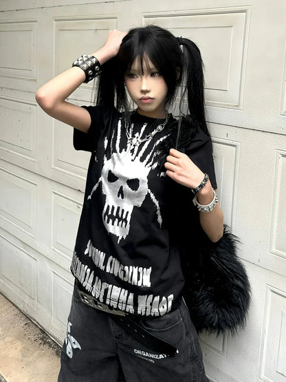 American Y2K Silver Skull Print Tee Black Fitted Short Sleeve Punk Visual Kei Top