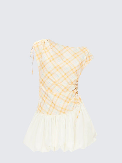 Yellow Checked Waist Tie Bubble Dress