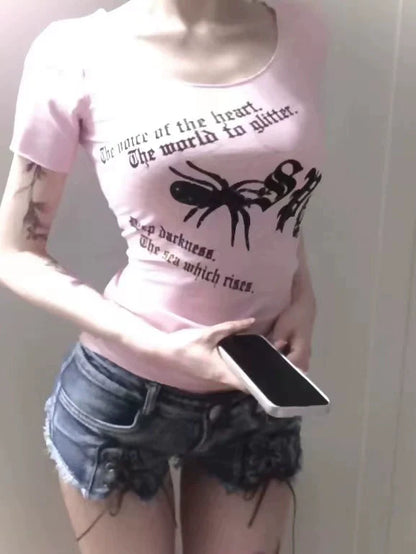 Pink Spider Print Niche Design Slim Y2K T-Shirt