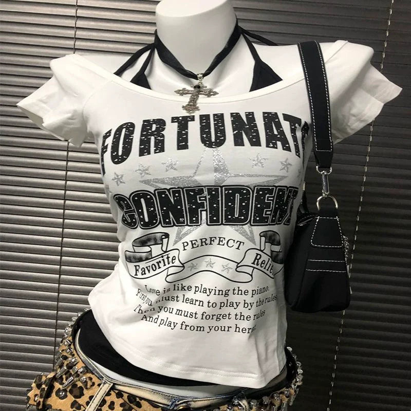 White Letter & Star Fake Two-Piece Tie Rock Punk Y2K T-Shirt