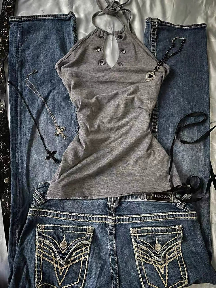 Gray American Vintage Halter Y2K Tank Top