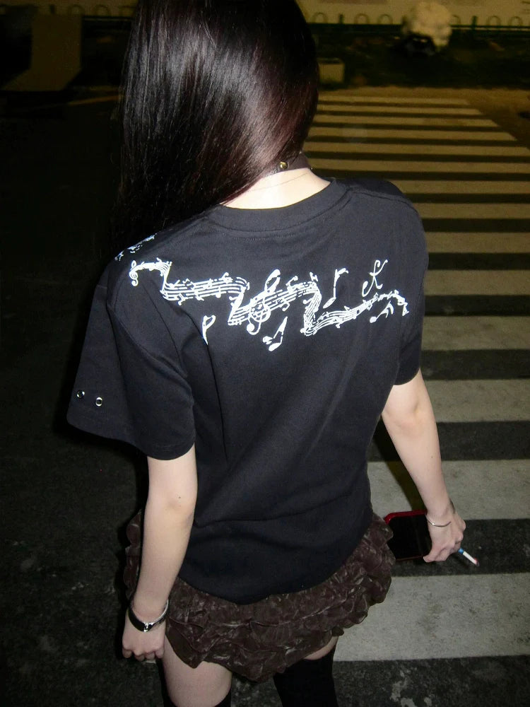 Subculture Black Polo Tee Scythe Print Straight Shoulder Top