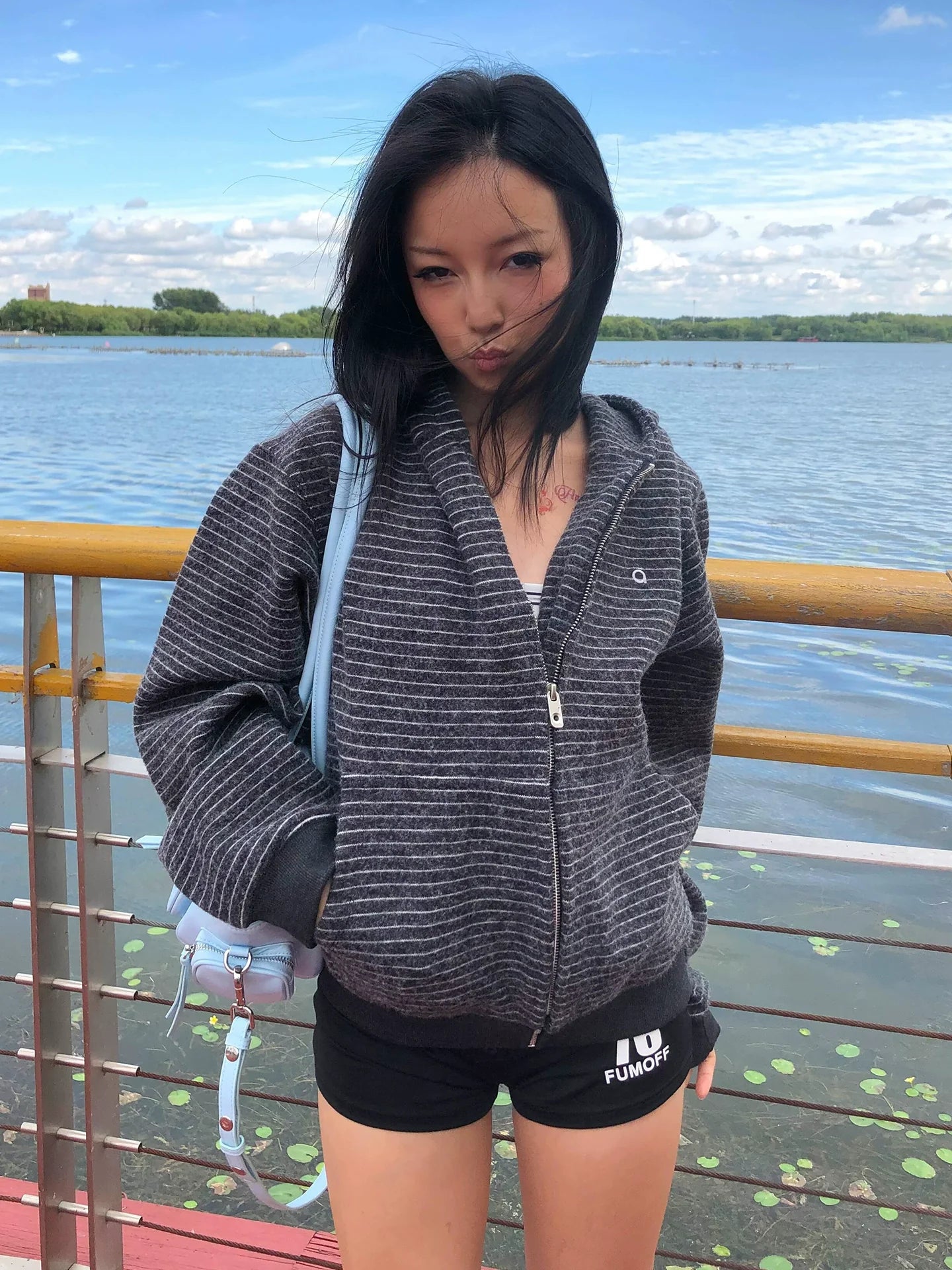 Retro Striped Zip Up Hoodie Wool Blend Oversized Top