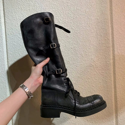 Genuine Leather Lace Up Platform Chunky Heel Knee High Biker Women's Boots