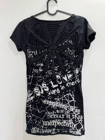 Black Open-Back Mesh Subculture Punk Y2K E-girl Shibuya Girl Abi American Retro Spiderweb Short Sleeve Top