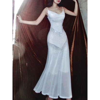 French Luxury Rhinestone Spaghetti Strap Gown Dress