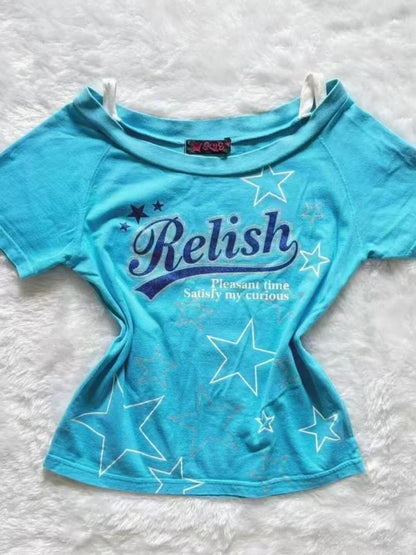Blue Subculture Y2K E-girl Abi American Retro Star & Letter Print Short Sleeve Top