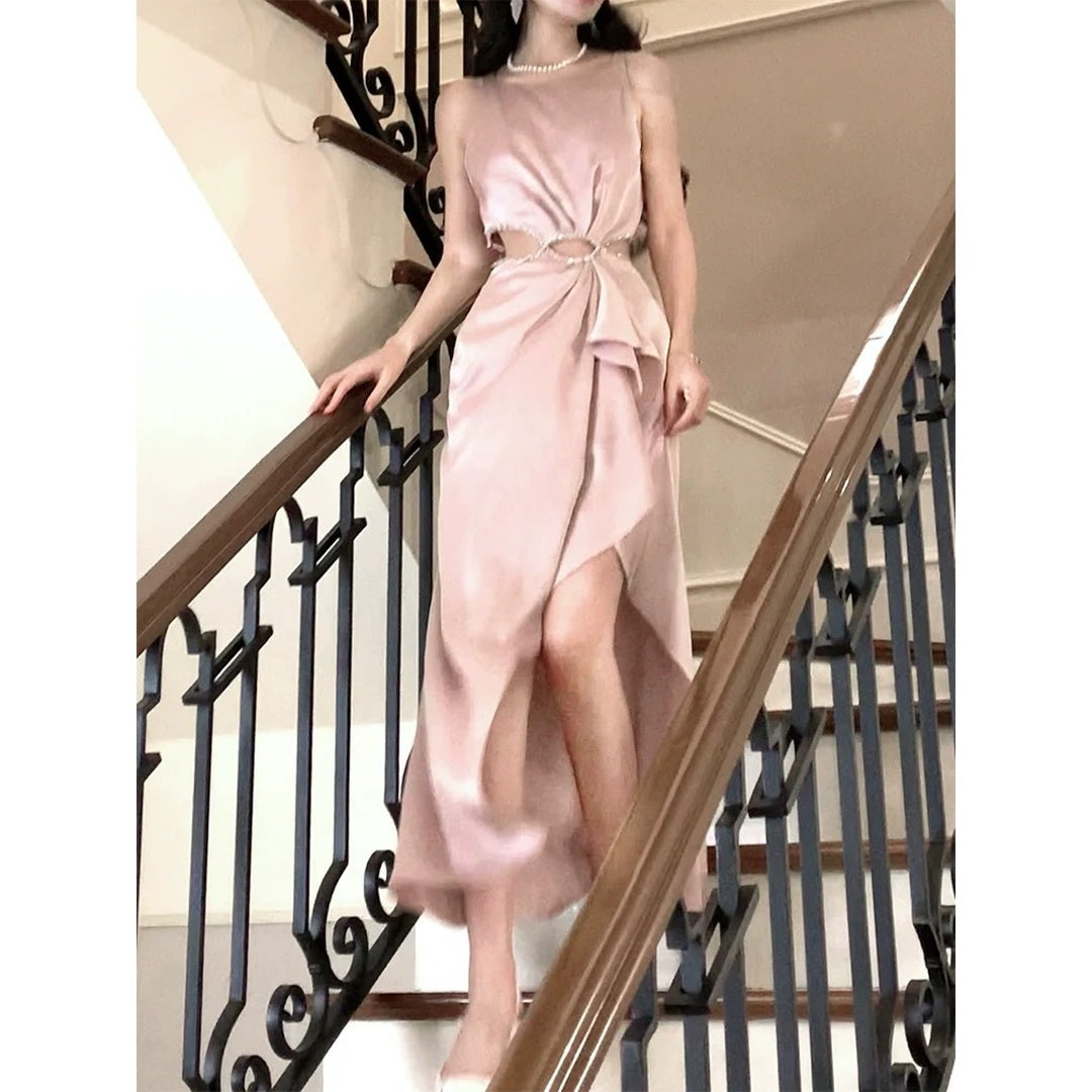 Zirconia Cutout Waist Satin Gown Dress