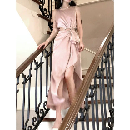 Zirconia Cutout Waist Satin Gown Dress