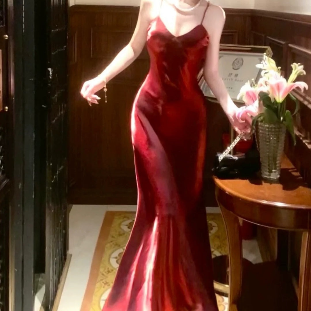 French Red Asymmetrical Waist Gown Dress – Elegant Evening Dress